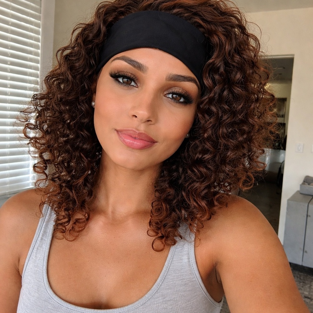 14 Inch Used Synthetic Headband Wig Curly Brown Auburn Glue-less Auburn look